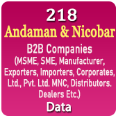 218 ANDAMAN & NICOBAR B2B Companies (MSME, SME, Manufacturers, Exporters, Importers, Corporates, Ltd., Pvt. Ltd., MNC, Distributors, Dealers Etc.) Data - In Excel Format