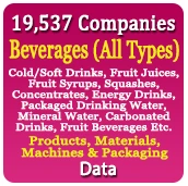 19,537 Companies - Beverages (Cold/Soft Drinks, Fruit Juices, Fruit Syrups, Squashes, Concentrates, Energy Drinks, Packaged Drinking Water, Mineral Water, Carbonated Drinks, Fruit Beverages Etc.) Products, Materials, Machines & Packaging (All Types) Data - In Excel Format