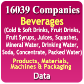 16039 Companies - Beverages Products, Materials, Machines & Packaging Data (Cold & Soft Drinks, Fruit Drinks, Fruit Syrups, Juices, Squashes, Mineral Water, Drinking Water, Soda, Concentrate, Packed Water Etc.) - In Excel Format
