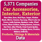 5,371 Companies - Car Accessories, Interior, Exterior - Products, Fittings & Materials (Floor Mats, Horn, Mud Flaps, Carpet, Window Shade, Mirror, Camera, Fog Lamp, Wheel Lock, Car Covers, Audio Systems, Speakers, Locks, Wheel Covers, Phone Holders, Parking Sensors, Antenna, Sun Visor, Alloy Wheels, Front Guard, Spoiler, Armrest, Air Freshener, Hanging, Stereo, Woofers, Stickers, Grills Etc.) Data - In Excel Format