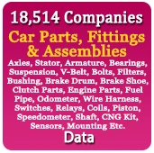 18,514 Companies - Car Parts, Fittings & Assemblies (Axles, Stator, Armature, Bearings, Suspension, V-Belt, Bolts, Filters, Bushing, Brake Drum, Brake Shoe, Clutch Parts, Engine Parts, Fuel Pipe, Odometer, Wire Harness, Switches, Relays, Coils, Piston, Speedometer, Shaft, CNG Kit, Sensors, Mounting Etc.) Data - In Excel Format
