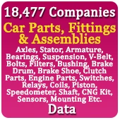 18,477 Companies - Car Parts, Fittings & Assemblies (Axles, Stator, Armature, Bearings, Suspension, V-Belt, Bolts, Filters, Bushing, Brake Drum, Brake Shoe, Clutch Parts, Engine Parts, Fuel Pipe, Odometer, Wire Harness, Switches, Relays, Coils, Piston, Speedometer, Shaft, CNG Kit, Sensors, Mounting Etc.) Data - In Excel Format