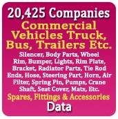 20,425 Companies - Commercial Vehicles Truck, Bus, Trailers Etc. (Silencer, Body Parts, Wheel Rim, Bumper, Lights, Rim Plate, Bracket, Radiator Parts, Tie Rod Ends, Hose, Steering Part, Horn, Air Filter, Spring Pin, Pumps, Crane Shaft, Seat Cover, Mats, Etc.) Spares, Fittings & Accessories Data - In Excel Format