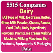 4,822 Companies - Dairy Products, Equipments & Packaging Data (All Type of Milk, Ice Cream, Butter, Ghee, Milk Powder, Cheese, Paneer, Curd, Tofu, Dairy Ingredients, Powders, Premix, Ice Cream Making Machine, Milking Machines Etc.) - In Excel Format
