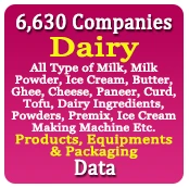 6,630 Companies - Dairy (All Type of Milk, Milk Powder, Ice Cream, Butter, Ghee, Cheese, Paneer, Curd, Tofu, Dairy Ingredients, Powders, Premix, Ice Cream Making Machine Etc.) Products, Equipments & Packaging Data - In Excel Format