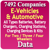 7,492 Companies - E-Vehicles & Automotive (All Types Batteries, Battery Chargers, Charging Stations Charging Devices & Kits For Two / Three / Four Wheelers) Data - In Excel Format