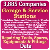 3,885 Companies - Garage & Service Stations (Washing System, Diagnostic Tools, Tyre Pressure Monitoring, Tyre Changer, Jacks, Wheel Aligner, Wheel Balancer, Car Polisher, Cleaning Kit, Dent Polish, Engine Decarbonizing, Garage Tools, Wheel Spanner, Scanner, Tool Kits Testing Machine Etc.) Repairing Tools, Spares, Equipments & Fittings Data - In Excel Format