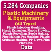 5,284 Companies - Plastic Machinery & Equipments (All Types) Plastic Injection Moulding, Plastic Extrusion, Plastic Blowing, Plastic Recycling, Bottle Making, Pipe Making, Pet Machine, Plastic Grabules Machine, PP Blown Film Plant Etc. Data - In Excel Format