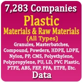 7,283 Companies - Plastic Materials & Raw Materials (All Types) Granules, Masterbatches, Compound, Powders, HDPE, LDPE, Nylon, PP, CMS, Polyethylene, Polypropylene, PU, LD, PVC Plastic, PTFE, ABS, FEP, PFA, ETFE, Etc.) Data - In Excel Format