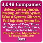 3,048 Companies - Automotive Suspension, Steering, Air Intake System, Exhaust Systems, Silencers, Fuel Injection System Etc. (All Types of Two/ Three Wheelers, Car, Bus, truck, Commercial Vehicles) Products, Materials & Assemblies Data - In Excel Format