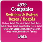 4979 Companies - Switches & Switch Boxes / Boards Data (Modular Switch, Electrical Switch, Push Button Switch, Timer Switch, Level Switch, Toggle Switch, Flow Switch, Speed Switch, Proximity Switch, Micro Switch, Switch Boxes / Boards) - In Excel Format