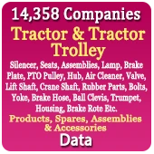 14,358 Companies - Tractor & Tractor Trolley (Silencer, Seats, Assemblies, Lamp, Brake Plate, PTO Pulley, Hub, Air Cleaner, Valve, Lift Shaft, Crane Shaft, Rubber Parts, Bolts, Yoke, Brake Hose, Ball Clevis, Trumpet, Housing, Brake Rote Etc.) Products, Spares, Assemblies & Accessories Data - In Excel Format