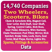 14,740 Companies - Two Wheelers, Scooters, Bikes (Chain & Sprockets Kits, Magnet Coil, Gear Lever, Kick Shaft, Gear Shaft, Spring, Control Cable, Kick Boss, Gear Pedal, Silencers, Wire Harness, Chain Tensioner, Fuel Filter, Mirror, Kick Ratchet, Brake Yoke, Lock, Horn, Seat Cover, Mud Flaps, Horns, Lights Etc.) Spares, Fittings & Accessories Data - In Excel Format